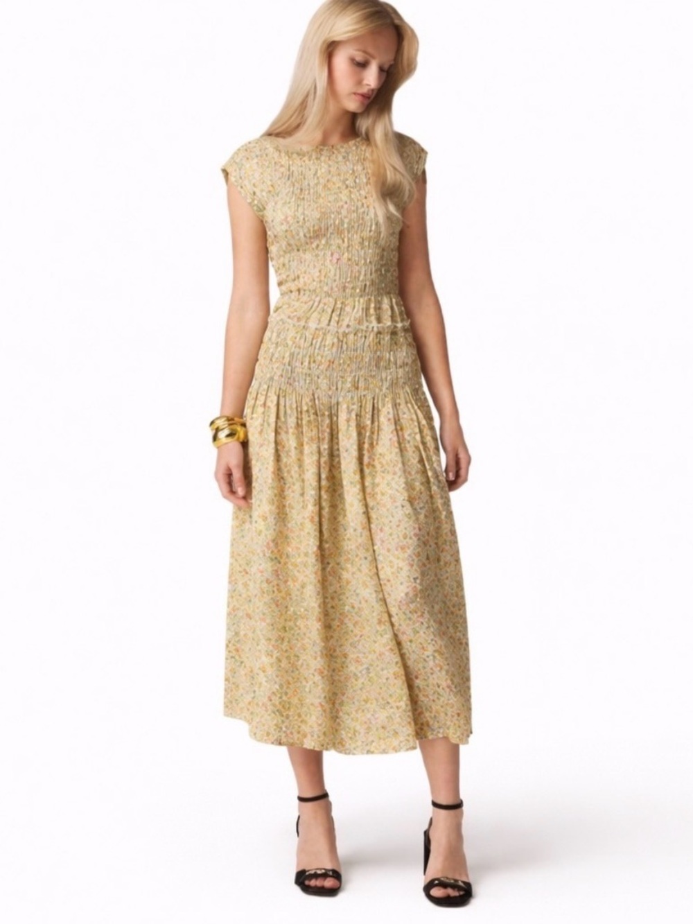 J. Crew Yellow Floral Smocked Midi Dress